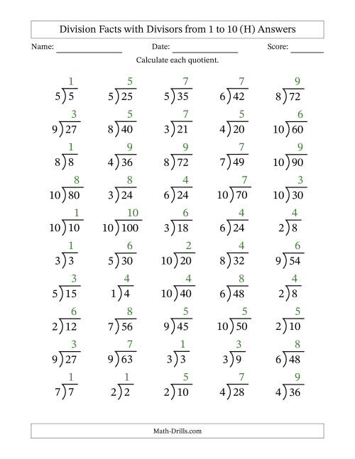 Division Facts with Divisors and Quotients from 1 to 10 with Long ...