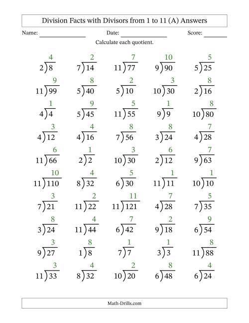 division facts with divisors and quotients from 1 to 11