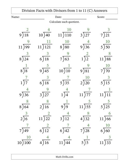 Division Facts with Divisors and Quotients from 1 to 11 with Long ...