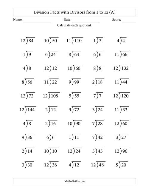 The Division Facts with Divisors and Quotients from 1 to 12 with Long Division Symbol/Bracket (A) Math Worksheet