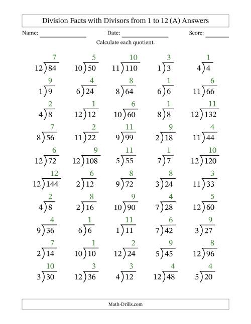 division facts with divisors and quotients from 1 to 12 with long