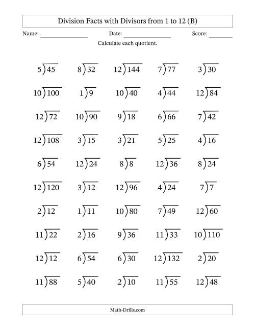 The Division Facts with Divisors and Quotients from 1 to 12 with Long Division Symbol/Bracket (B) Math Worksheet