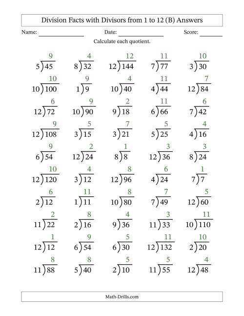 The Division Facts with Divisors and Quotients from 1 to 12 with Long Division Symbol/Bracket (B) Math Worksheet Page 2