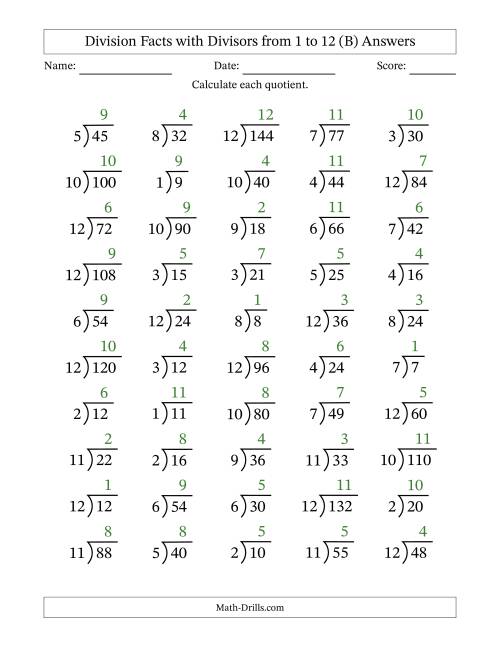 Division Facts with Divisors and Quotients from 1 to 12 with Long ...