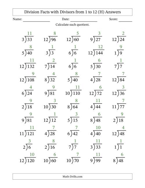 division facts with divisors and quotients from 1 to 12 with long