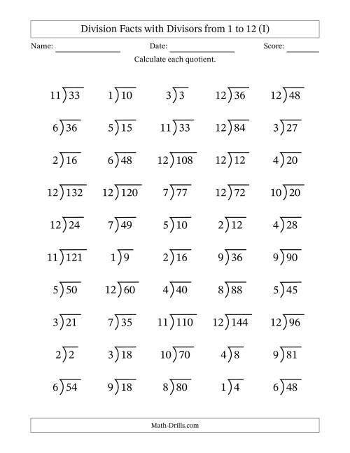 The Division Facts with Divisors and Quotients from 1 to 12 with Long Division Symbol/Bracket (I) Math Worksheet
