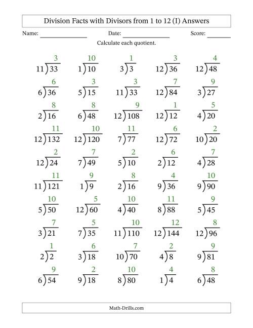 The Division Facts with Divisors and Quotients from 1 to 12 with Long Division Symbol/Bracket (I) Math Worksheet Page 2