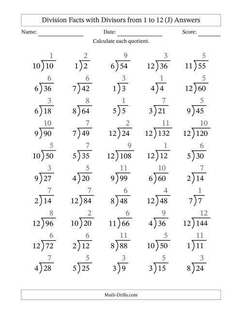 The Division Facts with Divisors and Quotients from 1 to 12 with Long Division Symbol/Bracket (J) Math Worksheet Page 2