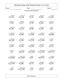 Division Facts with Divisors and Quotients from 1 to 13 with Long Division Symbol/Bracket