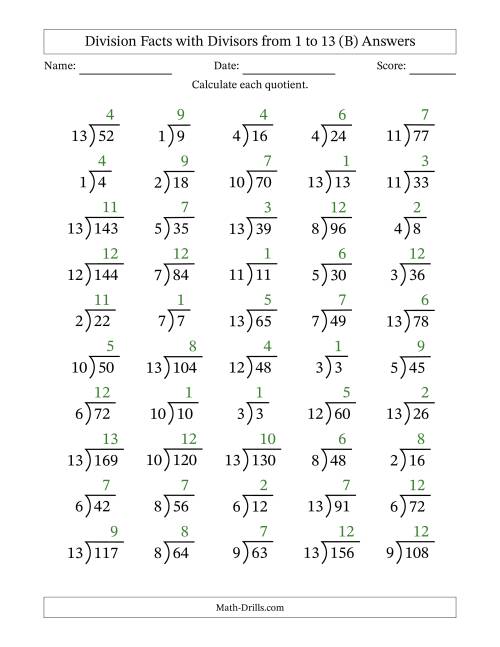 Division Facts with Divisors and Quotients from 1 to 13 with Long ...