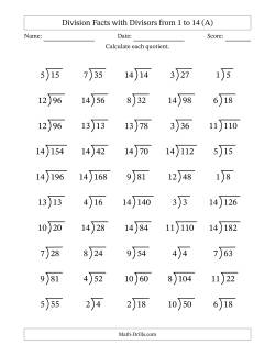 Division Facts with Divisors and Quotients from 1 to 14 with Long Division Symbol/Bracket