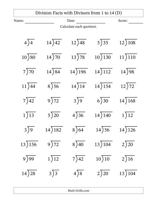 Division Facts with Divisors and Quotients from 1 to 14 with Long ...