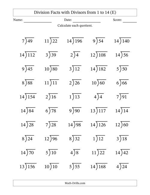 The Division Facts with Divisors and Quotients from 1 to 14 with Long Division Symbol/Bracket (E) Math Worksheet