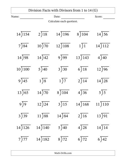 The Division Facts with Divisors and Quotients from 1 to 14 with Long Division Symbol/Bracket (G) Math Worksheet