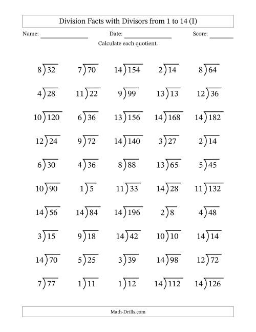 The Division Facts with Divisors and Quotients from 1 to 14 with Long Division Symbol/Bracket (I) Math Worksheet