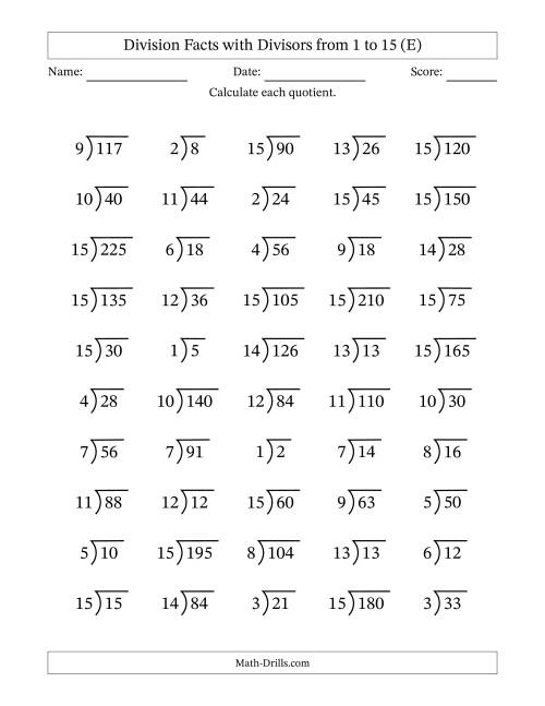 Division Facts with Divisors and Quotients from 1 to 15 with Long ...