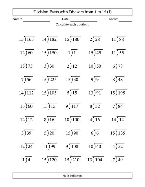 Division Facts with Divisors and Quotients from 1 to 15 with Long ...