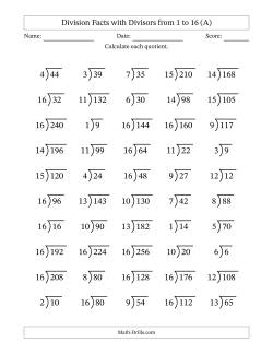 Division Facts with Divisors and Quotients from 1 to 16 with Long Division Symbol/Bracket
