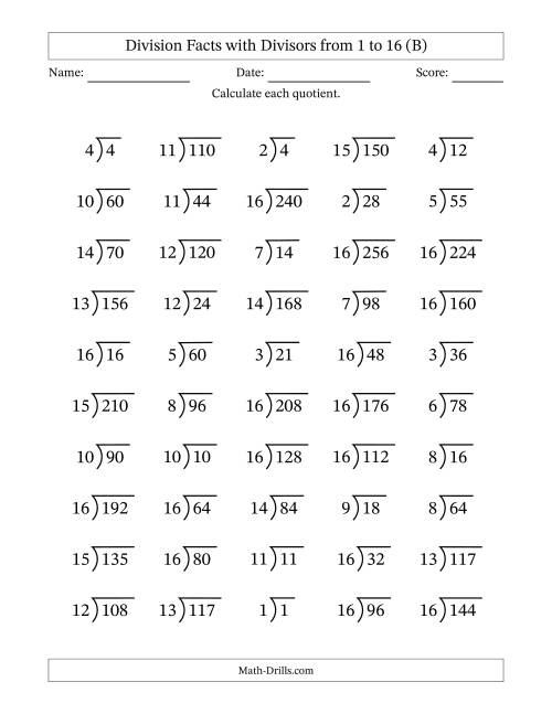 The Division Facts with Divisors and Quotients from 1 to 16 with Long Division Symbol/Bracket (B) Math Worksheet