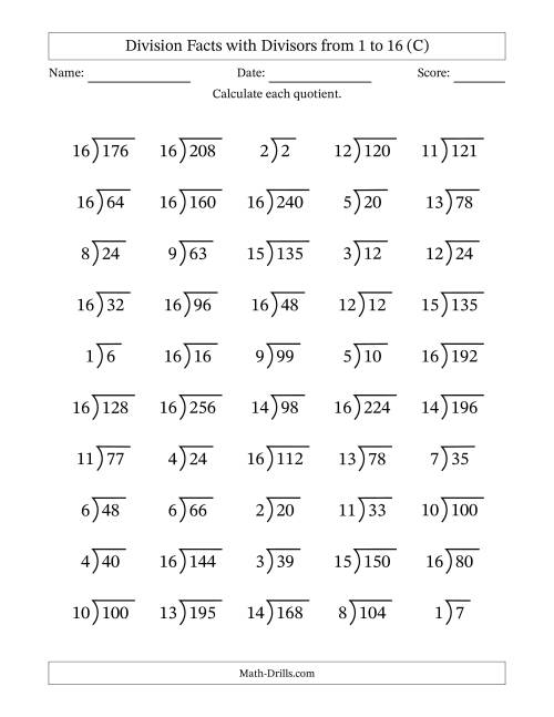 The Division Facts with Divisors and Quotients from 1 to 16 with Long Division Symbol/Bracket (C) Math Worksheet