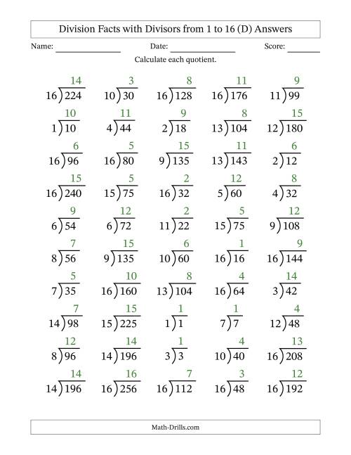 The Division Facts with Divisors and Quotients from 1 to 16 with Long Division Symbol/Bracket (D) Math Worksheet Page 2
