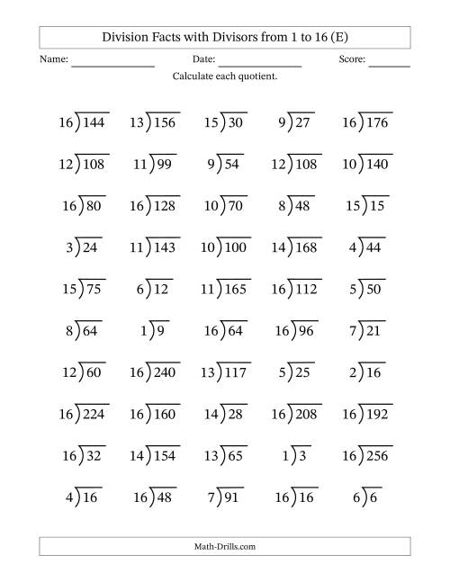 The Division Facts with Divisors and Quotients from 1 to 16 with Long Division Symbol/Bracket (E) Math Worksheet