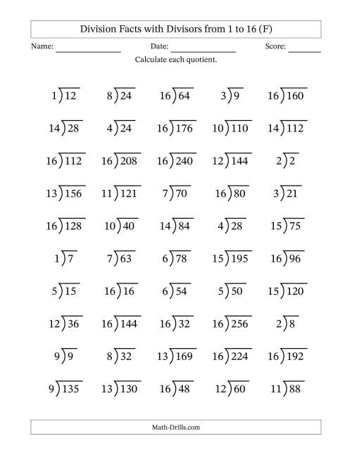 The Division Facts with Divisors and Quotients from 1 to 16 with Long Division Symbol/Bracket (F) Math Worksheet