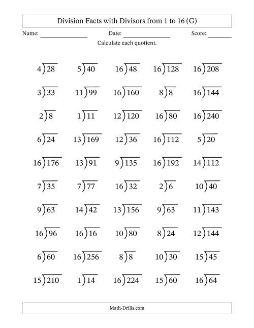 The Division Facts with Divisors and Quotients from 1 to 16 with Long Division Symbol/Bracket (G) Math Worksheet