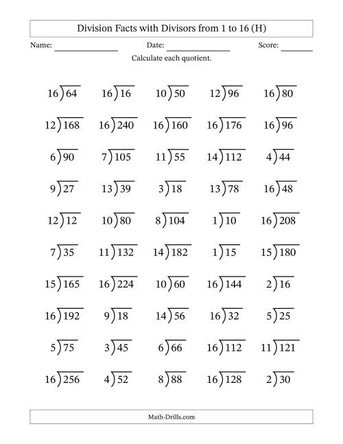 The Division Facts with Divisors and Quotients from 1 to 16 with Long Division Symbol/Bracket (H) Math Worksheet