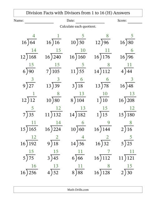 The Division Facts with Divisors and Quotients from 1 to 16 with Long Division Symbol/Bracket (H) Math Worksheet Page 2