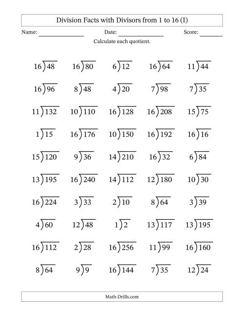 The Division Facts with Divisors and Quotients from 1 to 16 with Long Division Symbol/Bracket (I) Math Worksheet