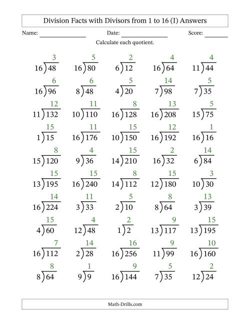 The Division Facts with Divisors and Quotients from 1 to 16 with Long Division Symbol/Bracket (I) Math Worksheet Page 2