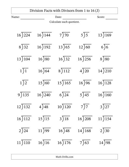 The Division Facts with Divisors and Quotients from 1 to 16 with Long Division Symbol/Bracket (J) Math Worksheet