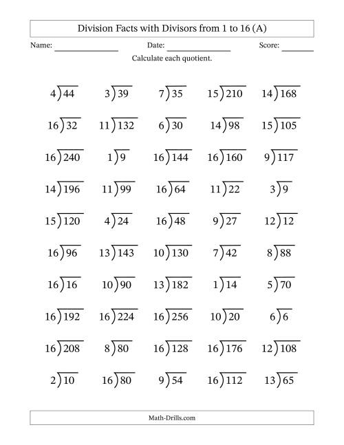 The Division Facts with Divisors and Quotients from 1 to 16 with Long Division Symbol/Bracket (All) Math Worksheet