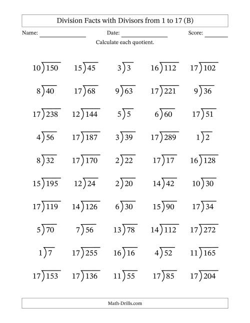 The Division Facts with Divisors and Quotients from 1 to 17 with Long Division Symbol/Bracket (B) Math Worksheet