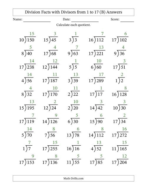 The Division Facts with Divisors and Quotients from 1 to 17 with Long Division Symbol/Bracket (B) Math Worksheet Page 2