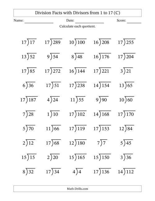 The Division Facts with Divisors and Quotients from 1 to 17 with Long Division Symbol/Bracket (C) Math Worksheet