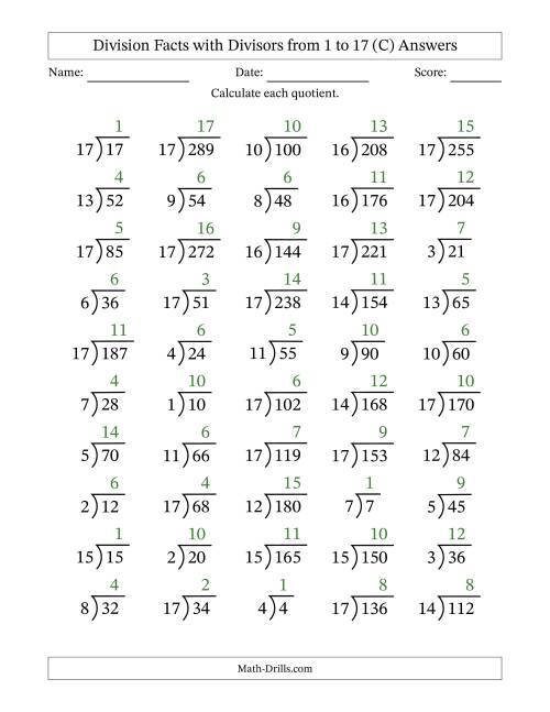 The Division Facts with Divisors and Quotients from 1 to 17 with Long Division Symbol/Bracket (C) Math Worksheet Page 2