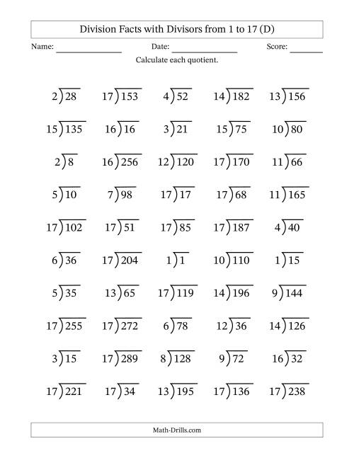 The Division Facts with Divisors and Quotients from 1 to 17 with Long Division Symbol/Bracket (D) Math Worksheet