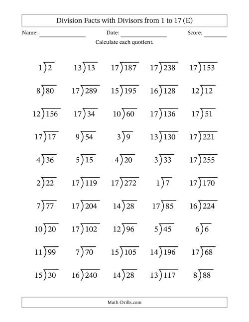 The Division Facts with Divisors and Quotients from 1 to 17 with Long Division Symbol/Bracket (E) Math Worksheet