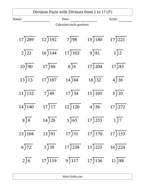 The Division Facts with Divisors and Quotients from 1 to 17 with Long Division Symbol/Bracket (F) Math Worksheet