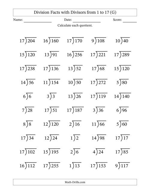 The Division Facts with Divisors and Quotients from 1 to 17 with Long Division Symbol/Bracket (G) Math Worksheet