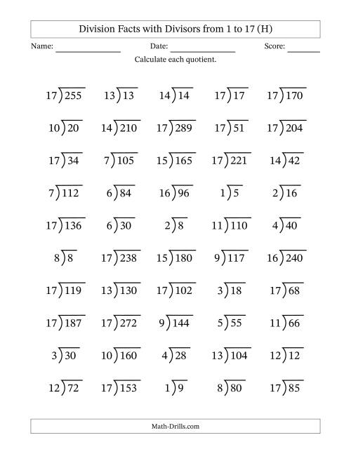 The Division Facts with Divisors and Quotients from 1 to 17 with Long Division Symbol/Bracket (H) Math Worksheet