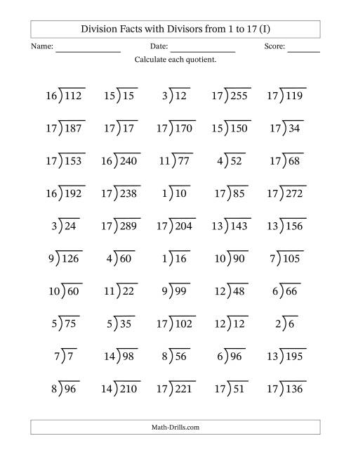 The Division Facts with Divisors and Quotients from 1 to 17 with Long Division Symbol/Bracket (I) Math Worksheet