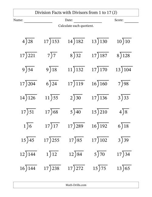 The Division Facts with Divisors and Quotients from 1 to 17 with Long Division Symbol/Bracket (J) Math Worksheet