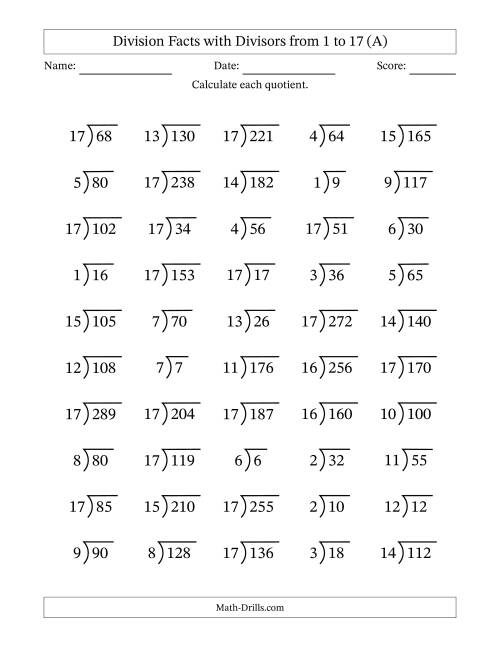 The Division Facts with Divisors and Quotients from 1 to 17 with Long Division Symbol/Bracket (All) Math Worksheet