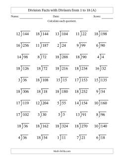 Division Facts with Divisors and Quotients from 1 to 18 with Long Division Symbol/Bracket