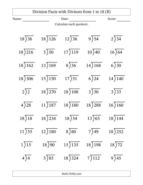 The Division Facts with Divisors and Quotients from 1 to 18 with Long Division Symbol/Bracket (B) Math Worksheet