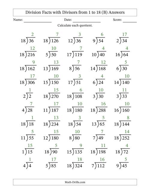The Division Facts with Divisors and Quotients from 1 to 18 with Long Division Symbol/Bracket (B) Math Worksheet Page 2