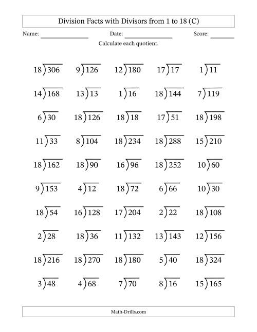 The Division Facts with Divisors and Quotients from 1 to 18 with Long Division Symbol/Bracket (C) Math Worksheet